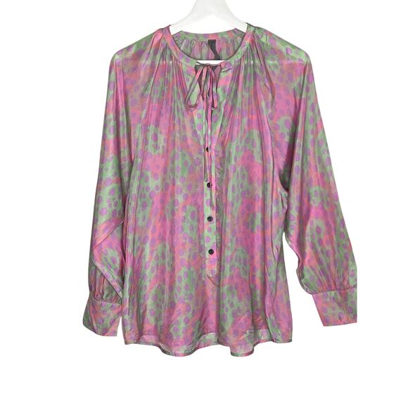 Raquel Allegra Silk Spotted Popover Long Sleeve Shirt Pink/Green Women's 1 / S - Picture 1 of 8